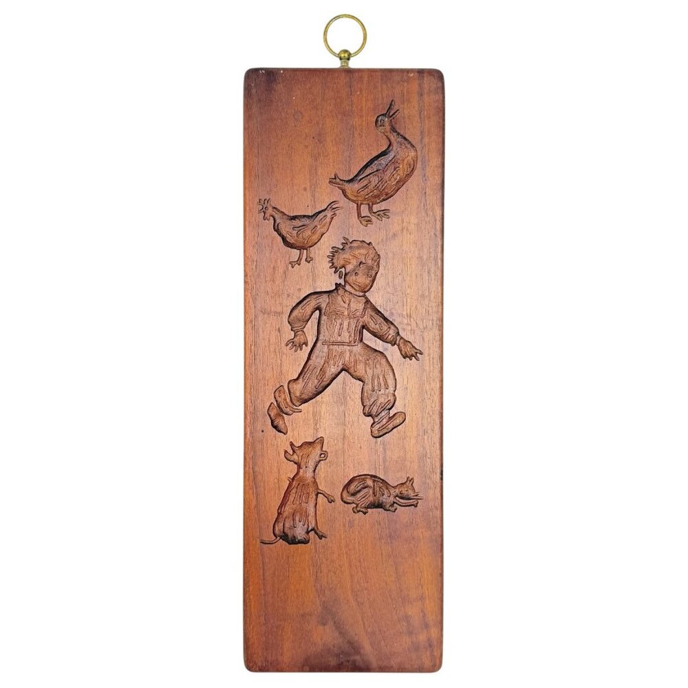 VTG Springerle Double Sided Wood Cookie Mold Press Panel Hangs‎ Fruit Boy Animal